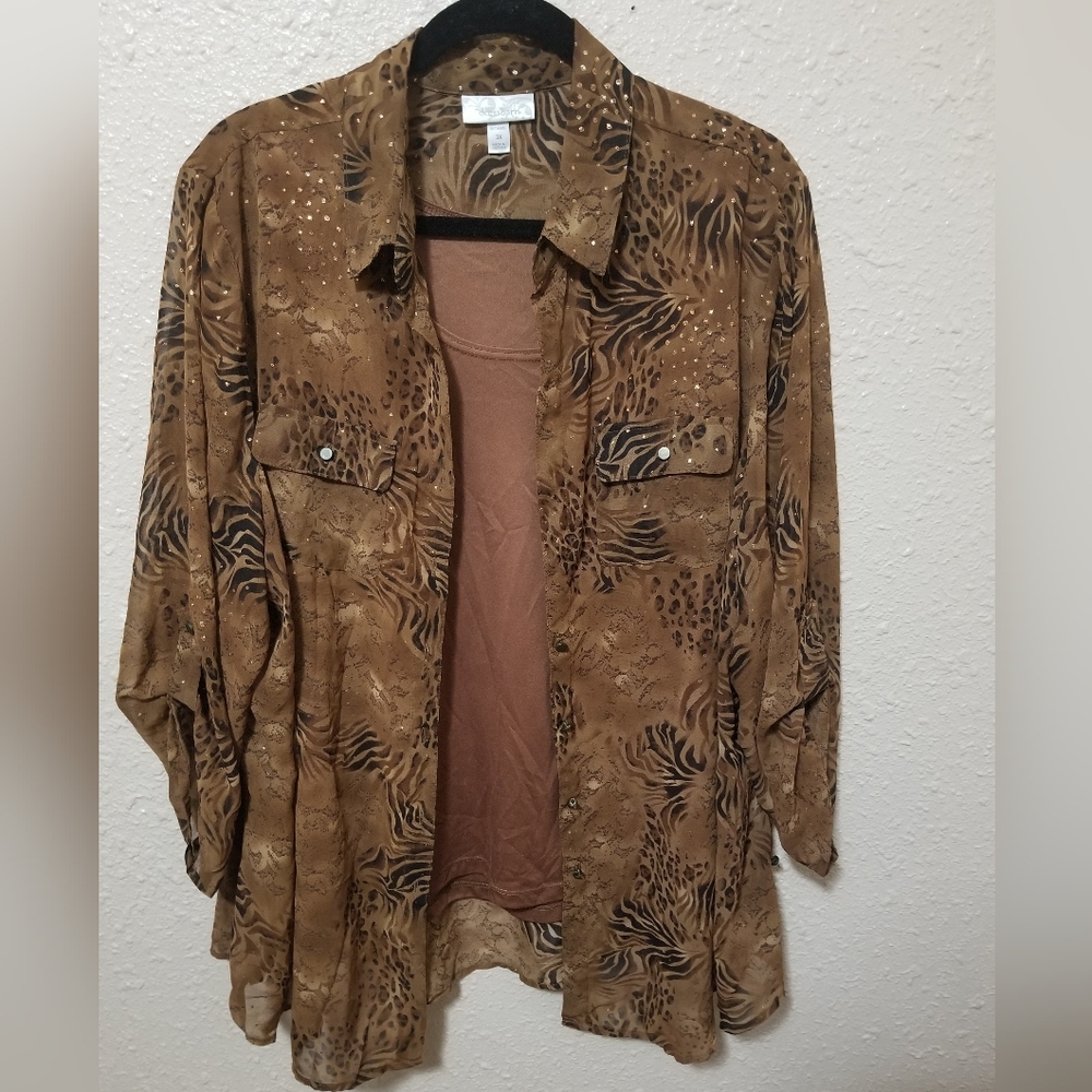 Brown Animal Print Button-Up 2 Piece Shirt 3X